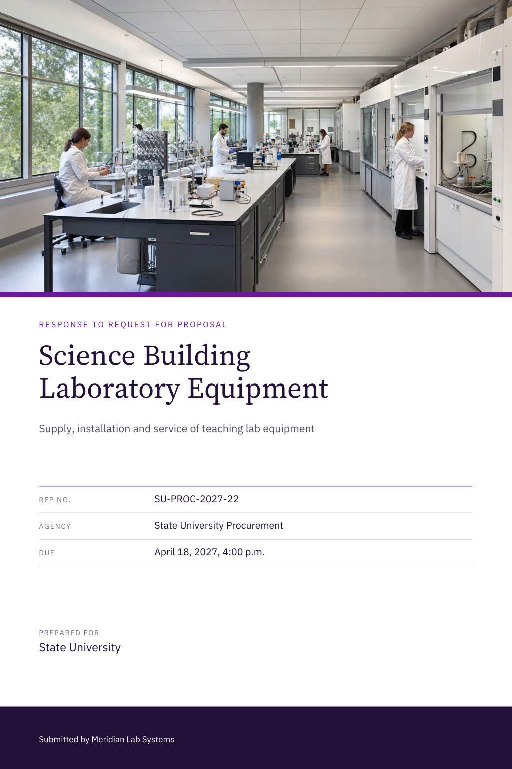 Universities & Public Colleges proposal cover: a modern university teaching laboratory with fume hoods, with the title Science Building Laboratory Equipment.