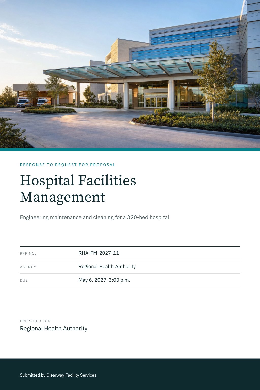 Public Hospitals & Health Authorities proposal cover: a modern hospital building entrance with glass canopy, with the title Hospital Facilities Management.