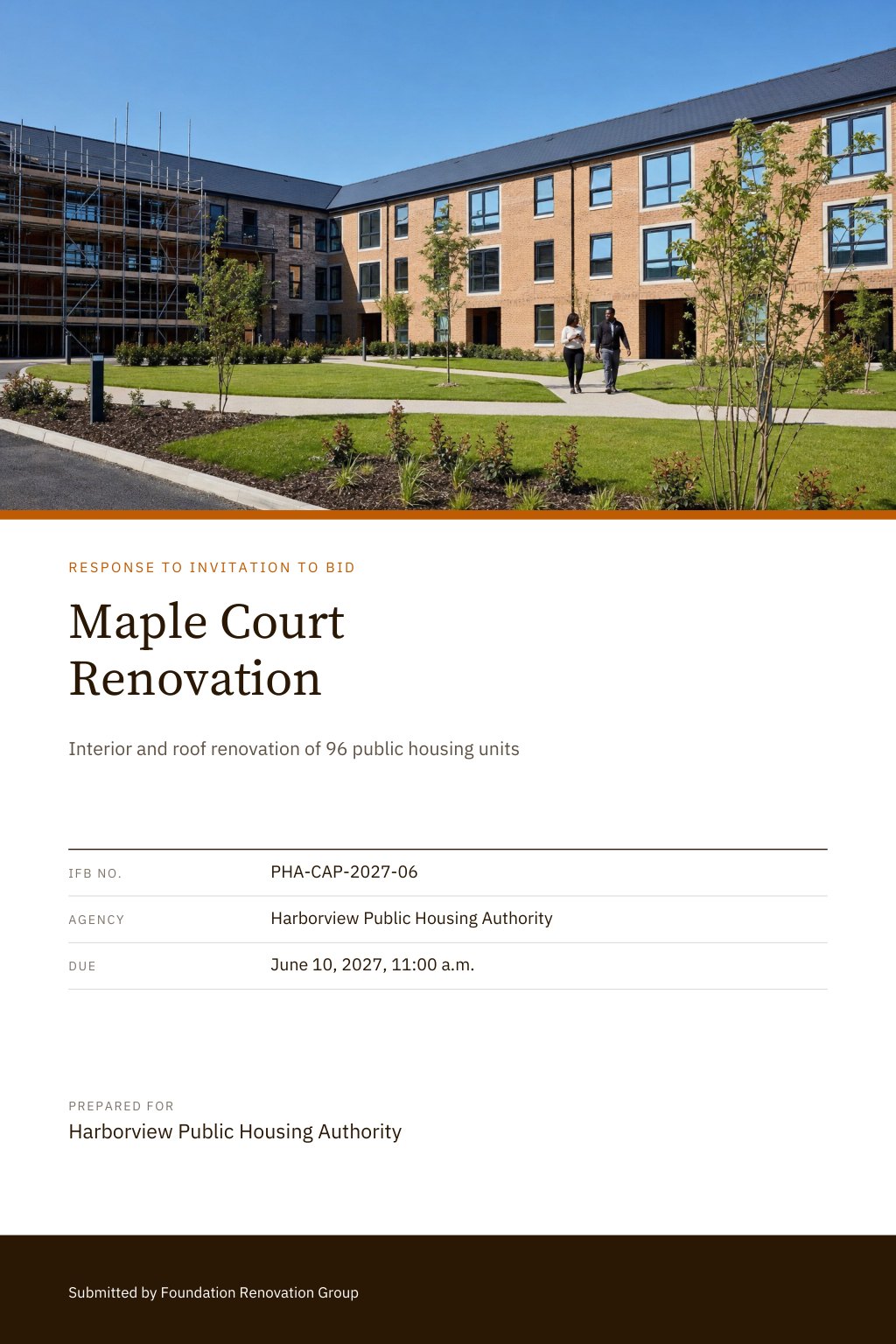 Housing Authorities proposal cover: a three-storey brick apartment complex with new windows and a landscaped courtyard, with the title Maple Court Renovation.