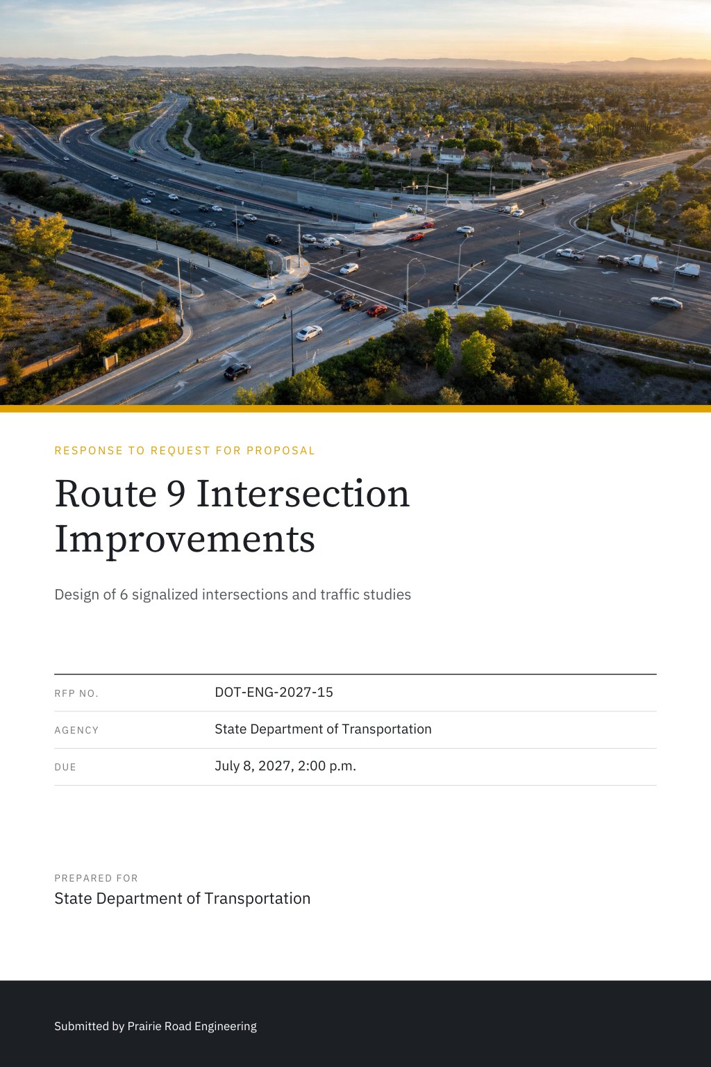 Transportation & Highway Authorities proposal cover: an aerial view of a busy highway intersection with new lane markings, with the title Route 9 Intersection Improvements.