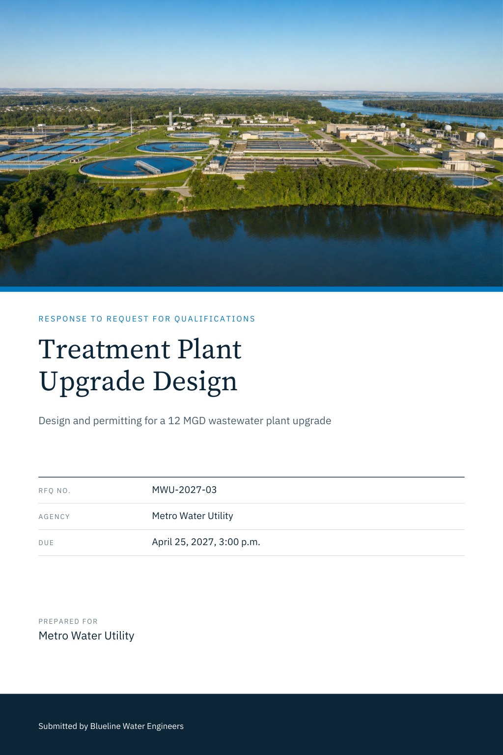 Water, Wastewater & Public Utilities proposal cover: an aerial view of a modern wastewater treatment plant with round clarifier tanks and treatment basins beside a river, with the title Treatment Plant Upgrade Design.