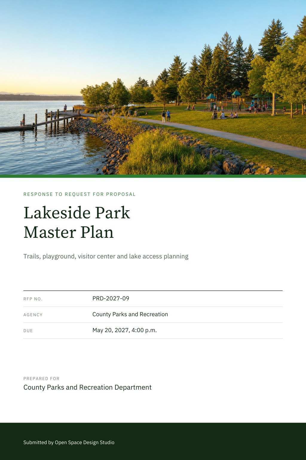 Parks, Recreation & Tourism Authorities proposal cover: a wide view of a lakeside park with walking trails, with the title Lakeside Park Master Plan.