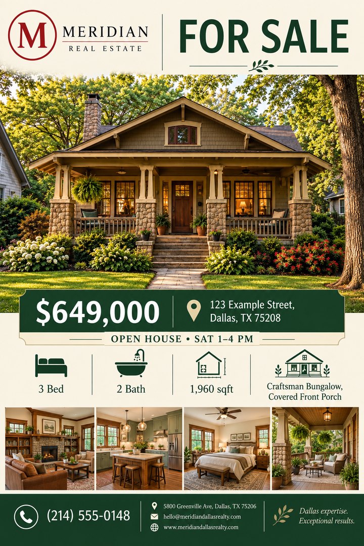 Finished For Sale flyer for an example craftsman bungalow: $649,000, 3 bed, 2 bath, 1,960 sq ft, open house Saturday 1–4 PM
